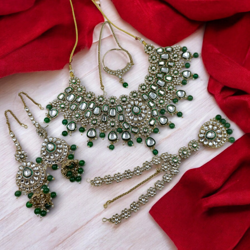[BRIDAL COMBO 83 GREEN] Radiant Statement Green Kundan Choker Necklace Earring Jewellery Set For Bride