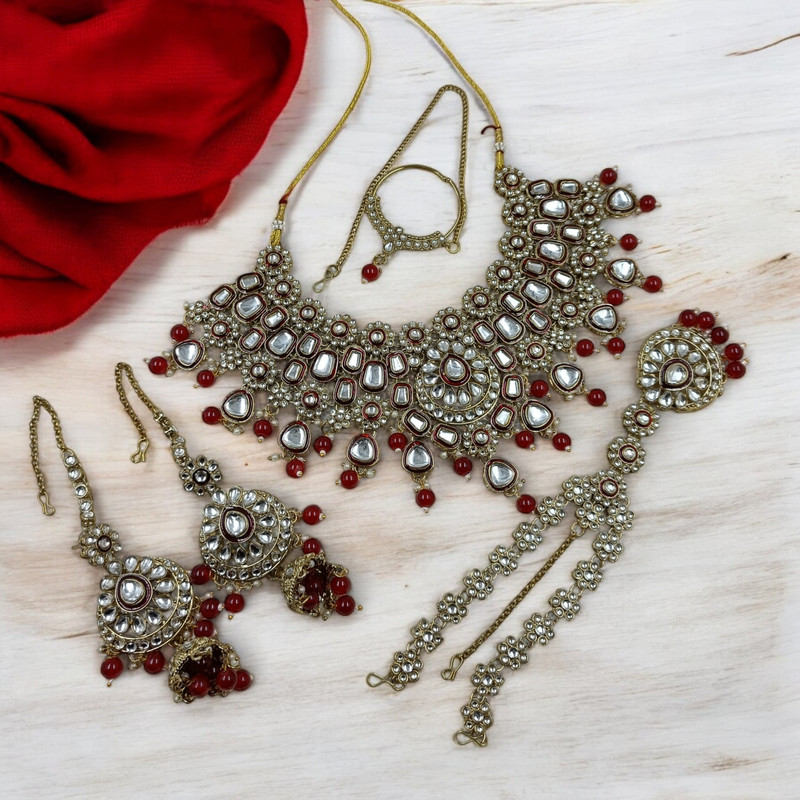 [BRIDAL COMBO 83 MAROON] Graceful Statement Maroon Kundan Choker Necklace Earring Jewellery Set For Bride