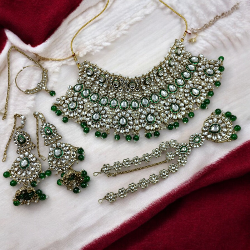 [BRIDAL COMBO 84 GREEN] Alluring Statement Green Kundan Choker Necklace Earring Jewellery Set For Bride