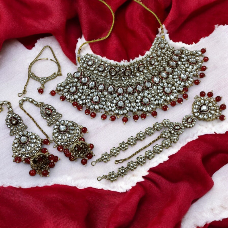 [BRIDAL COMBO 84 MAROON] BRIDAL COMBO 84 MAROON Kundan Choker Necklace Earring Jewellery set for Bride