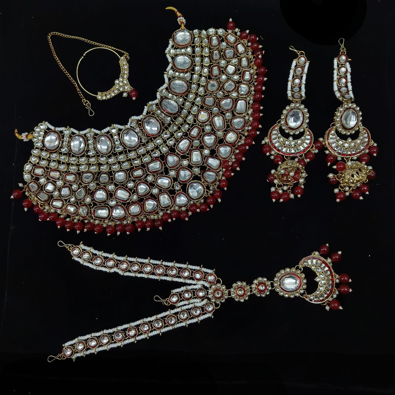 [BRIDAL COMBO 86 MAROON] BRIDAL COMBO 86 MAROON Kundan Choker Necklace Earring Jewellery set for Bride