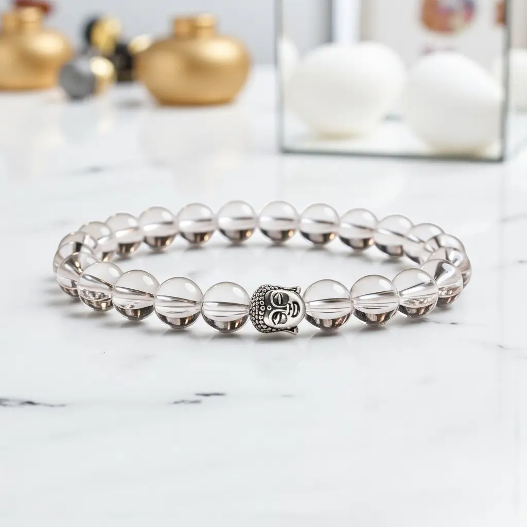 [Clear Quartz Women Bracelet (20 Beads)] Clear Quartz Women Bracelet With Buddha (20 Beads)
