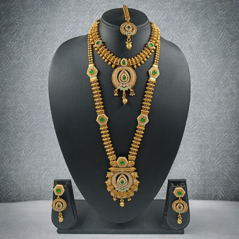 Elegant Evening Cds15 Green Copper Matte Finish Necklace & Earrings Jewellery Set For Women