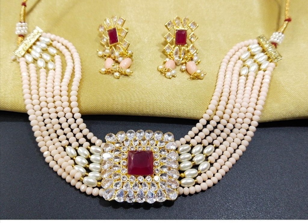 Bohemian Hue Crystal Beads Choker Necklace set  Peach 