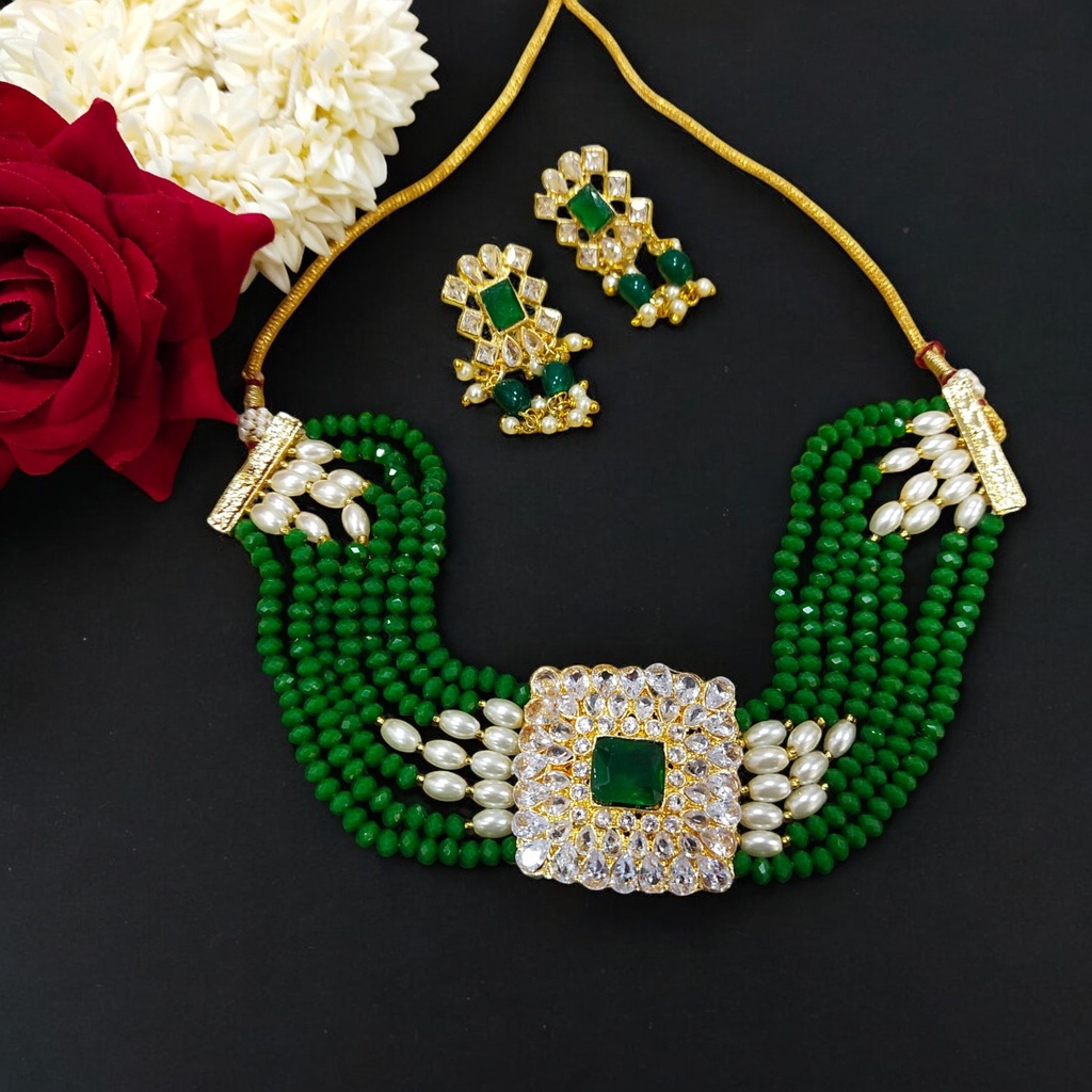 NS43 GREEN Kundan Necklace Earring Jewellery Set