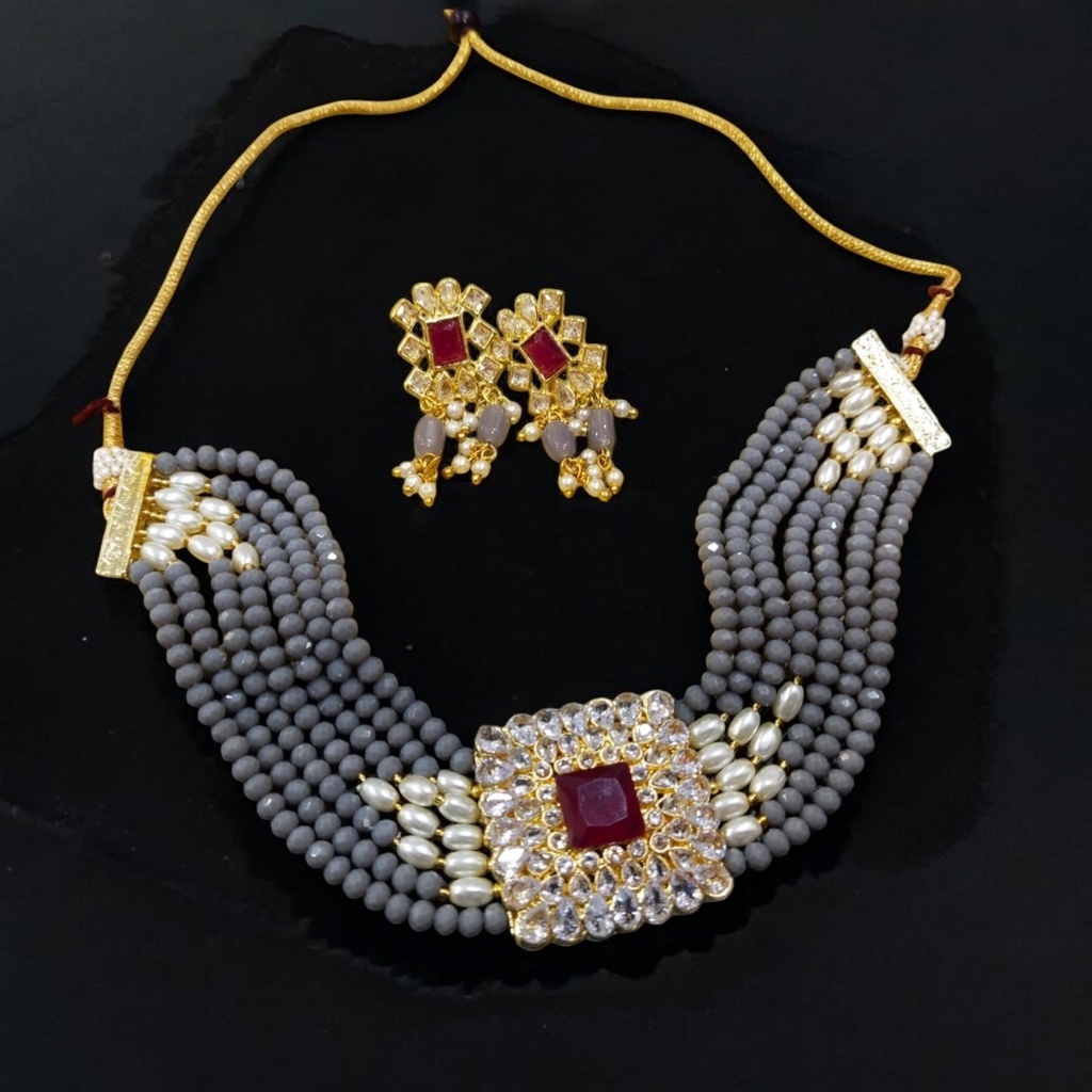 NS43 GREY Kundan Necklace Earring Jewellery Set