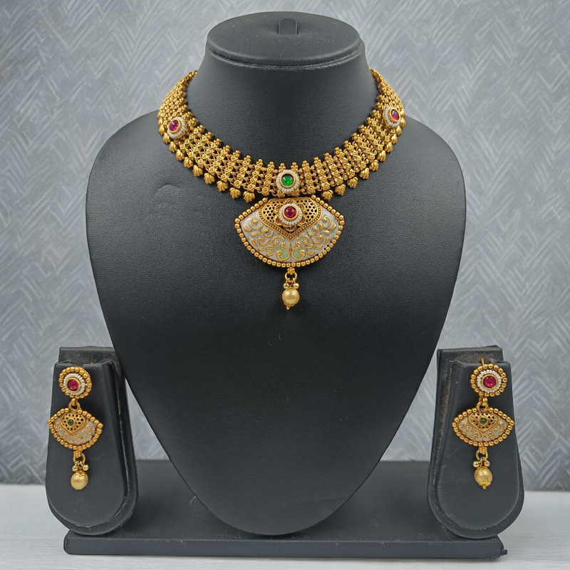 NS673 Copper Choker Necklace Earring Jewellery Set in Matte Finish