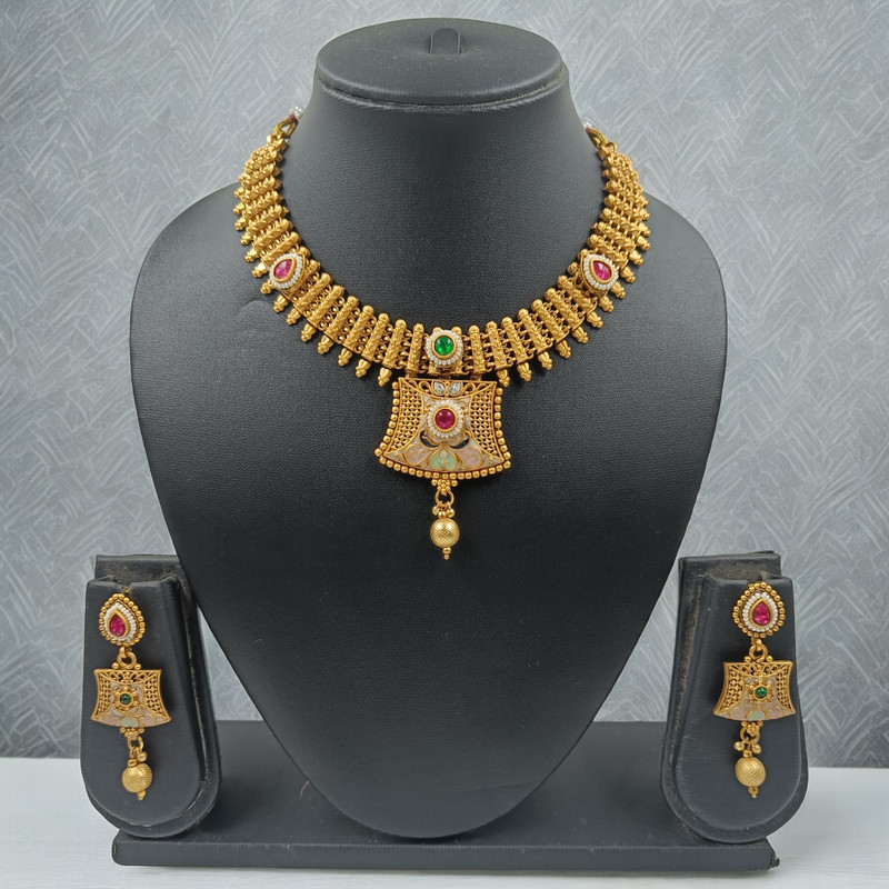 NS674 Copper Choker Necklace Earring Jewellery Set in Matte Finish