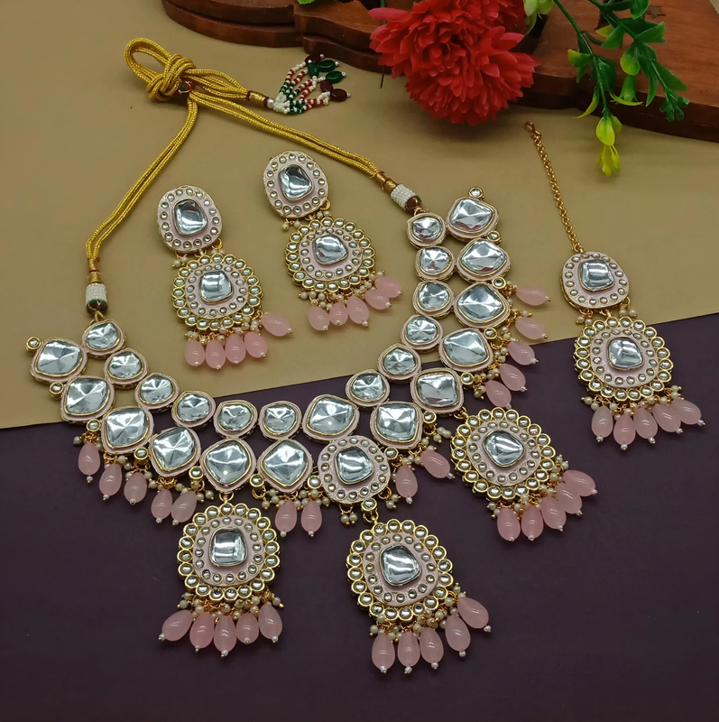 Graceful Evening Baby Pink Choker Kundan Necklace & Earrings Jewellery Set For Women