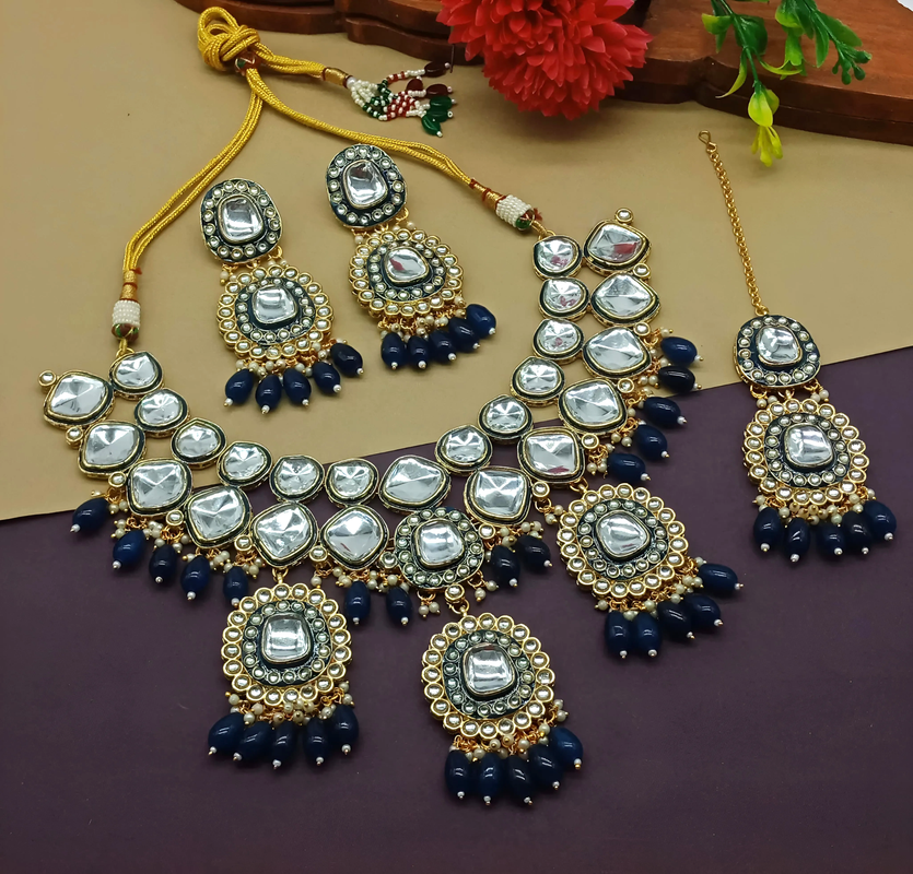 Alluring Evening Blue Choker Kundan Necklace & Earrings Jewellery Set For Women
