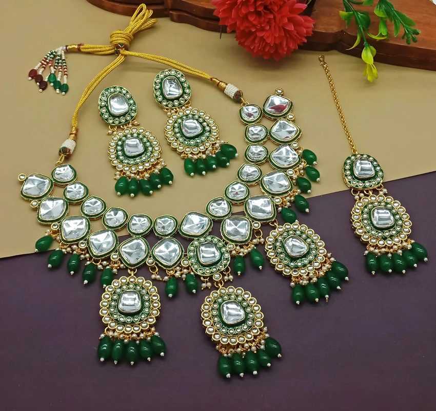 [DMT02 GREEN] DMT02 GREEN Choker Kundan Necklace & Earrings Jewellery set for Women
