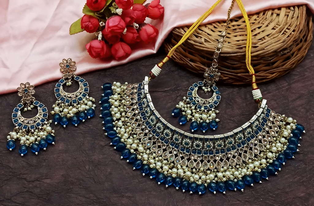 Mesmerizing Evening Blue Choker Kundan Necklace & Earrings Jewellery Set For Women