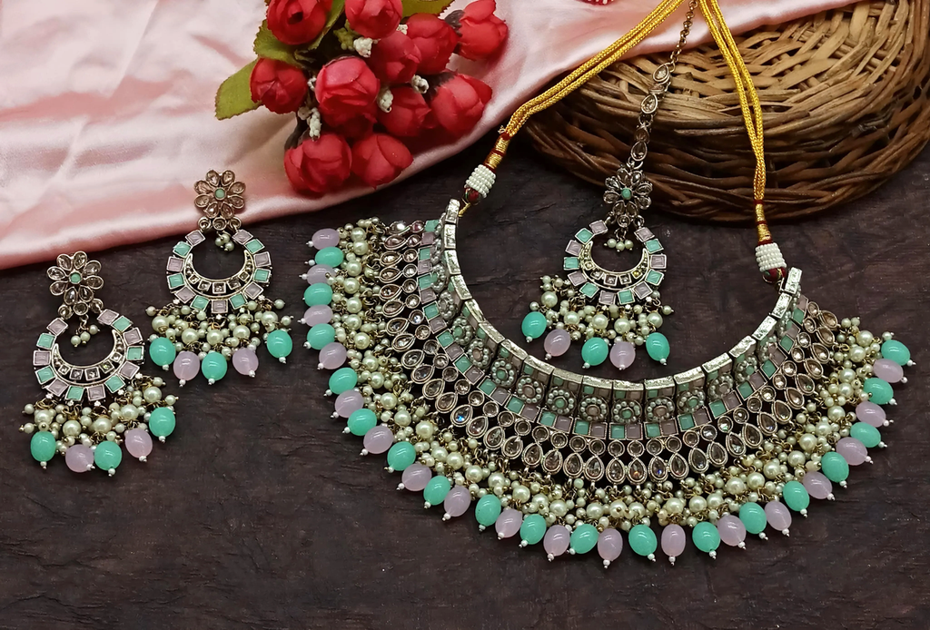 Ornate Evening Mintgreen Babypink Choker Kundan Necklace & Earrings Jewellery Set For Women