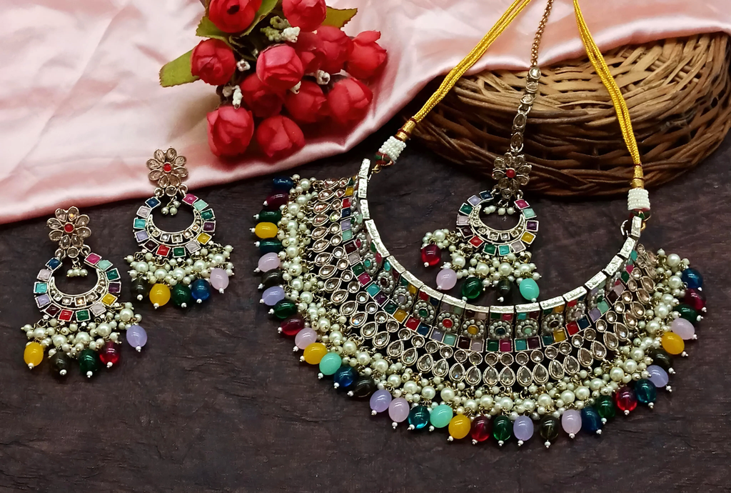Resplendent Evening Multi Choker Kundan Necklace & Earrings Jewellery Set For Women