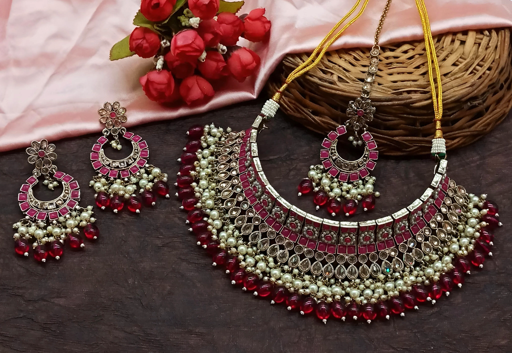 Vibrant Evening Rani Pink Choker Kundan Necklace & Earrings Jewellery Set For Women