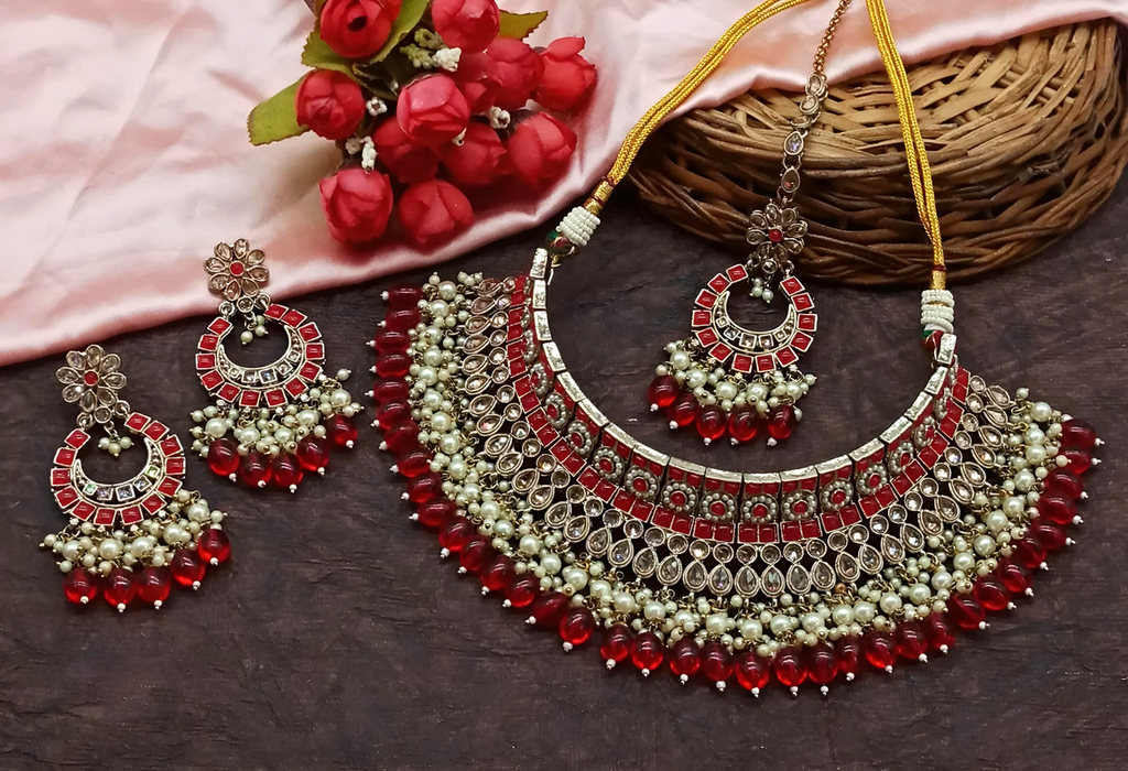 Elegant Cocktail Red Choker Kundan Necklace & Earrings Jewellery Set For Women