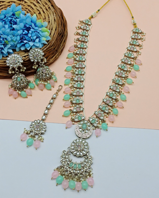 Magnifique Cocktail Babypink Mintgreen V Neck Long Kundan Necklace & Earrings Jewellery Set For Women