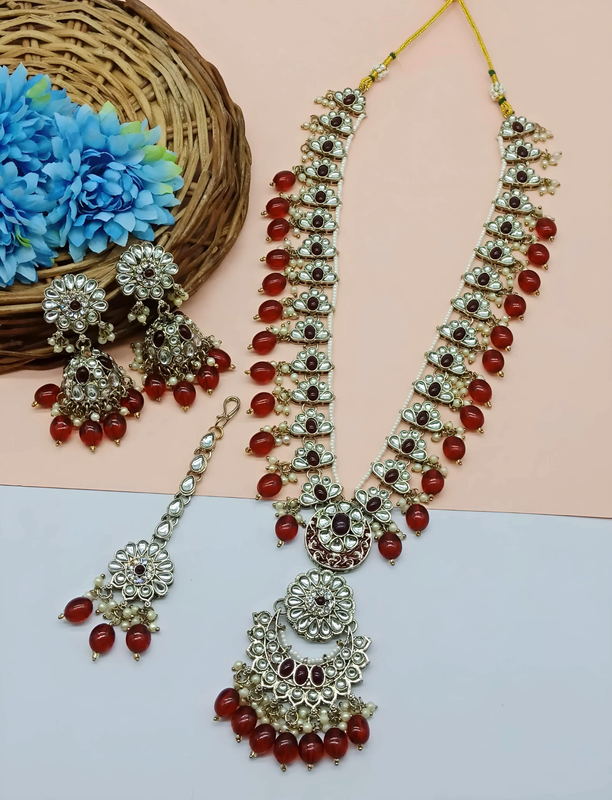Royal Cocktail Maroon V Neck Long Kundan Necklace & Earrings Jewellery Set For Women