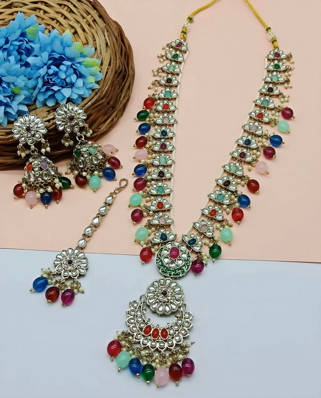 Classic Cocktail Multi V Neck Long Kundan Necklace & Earrings Jewellery Set For Women