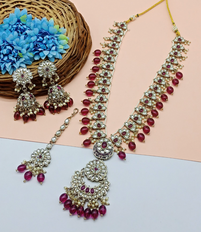 Glamorous Cocktail Purple V Neck Long Kundan Necklace & Earrings Jewellery Set For Women