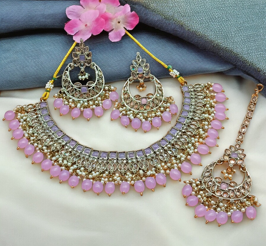 [DMT07 BABYPINK] DMT07 BABYPINK Choker Mehndi Polish Kundan Necklace & Earrings Jewellery set for Women