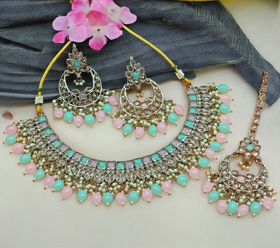 [DMT07 BABYPINK MINTGREEN] DMT07 BABYPINK MINTGREEN Choker Mehndi Polish Kundan Necklace & Earrings Jewellery set for Women