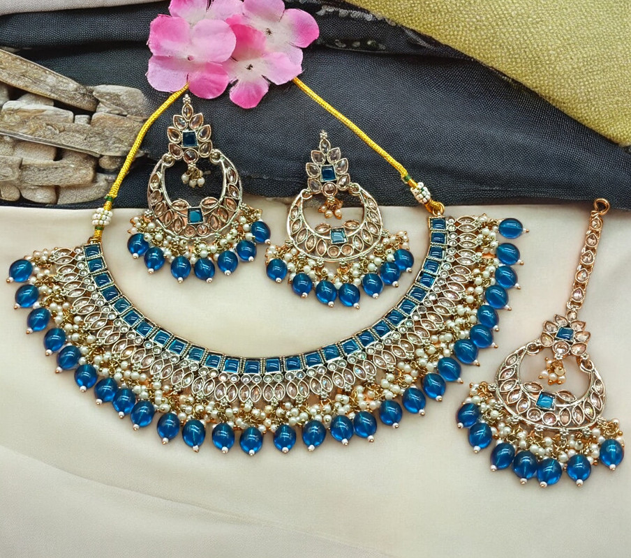 DMT07 BLUE Choker Mehndi Polish Kundan Necklace & Earrings Jewellery set for Women