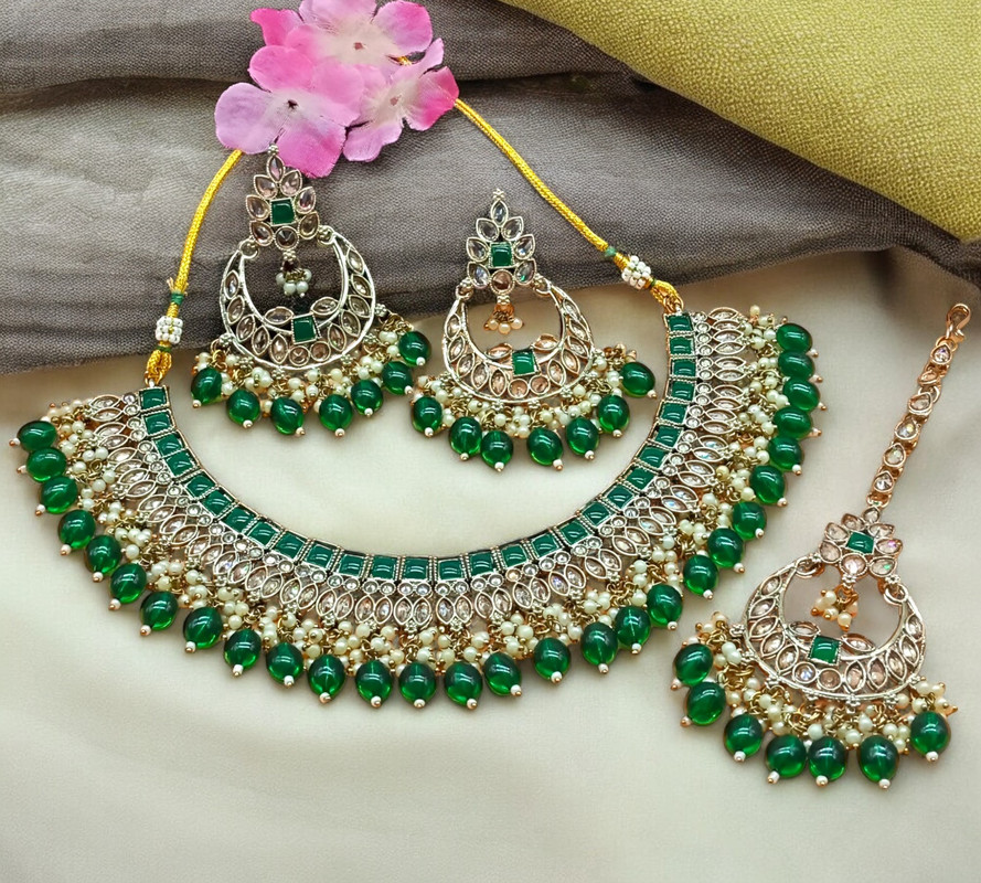 Gorgeous Cocktail Green Choker Mehndi Polish Kundan Necklace & Earrings Jewellery Set For Women