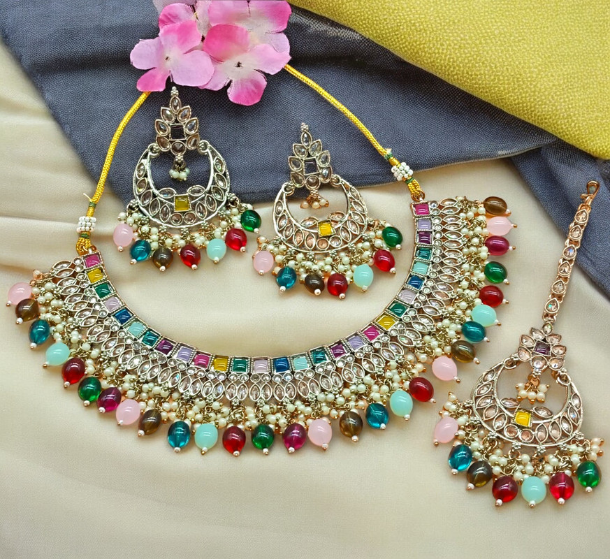 Beautiful Cocktail Multi Choker Mehndi Polish Kundan Necklace & Earrings Jewellery Set For Women