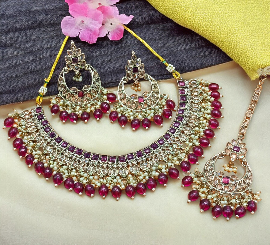Stunning Cocktail Purple Choker Mehndi Polish Kundan Necklace & Earrings Jewellery Set For Women