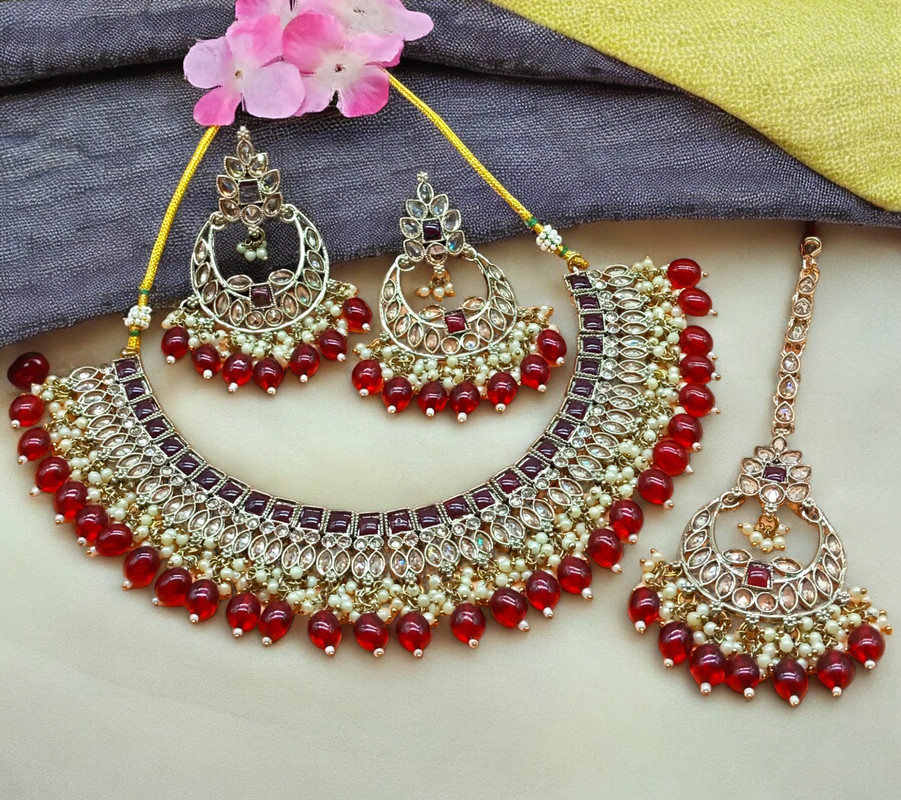 Premium Cocktail Red Choker Mehndi Polish Kundan Necklace & Earrings Jewellery Set For Women