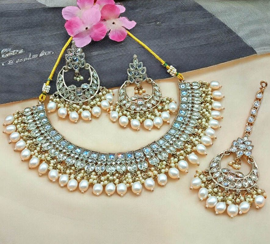 [DMT07 WHITE] DMT07 WHITE Choker Mehndi Polish Kundan Necklace & Earrings Jewellery set for Women