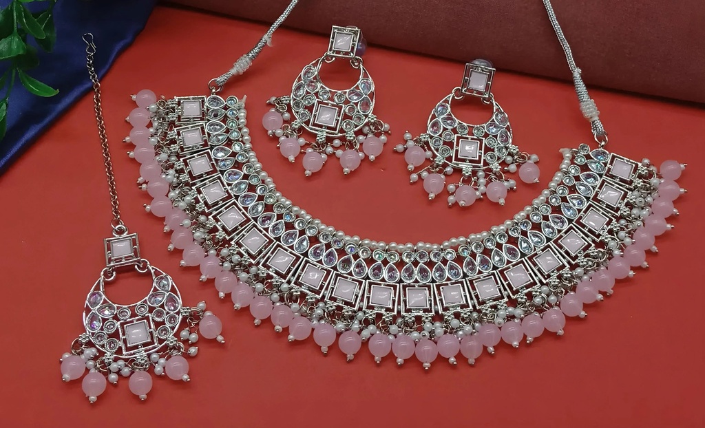 Mesmerizing Cocktail Babypink Choker Silver Polish Kundan Necklace & Earrings Jewellery Set For Women