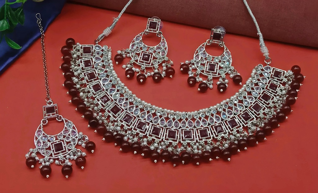 Breathtaking Cocktail Maroon Choker Silver Polish Kundan Necklace & Earrings Jewellery Set For Women