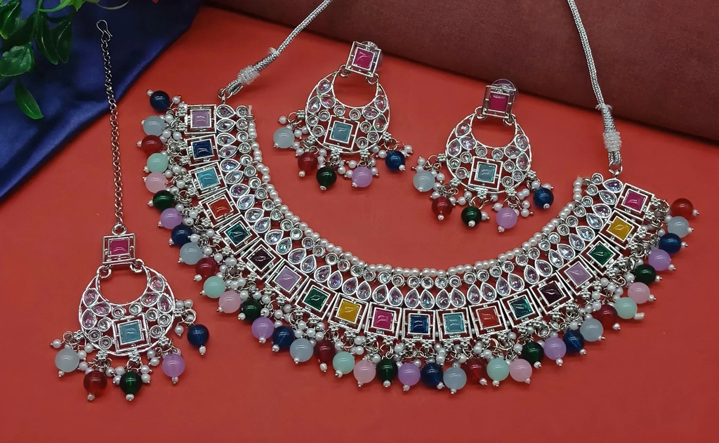 Ethereal Cocktail Multi Choker Silver Polish Kundan Necklace & Earrings Jewellery Set For Women