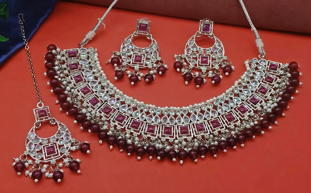 [DMT14 RANIPINK] DMT14 RANIPINK Choker Silver Polish Kundan Necklace & Earrings Jewellery set for Women