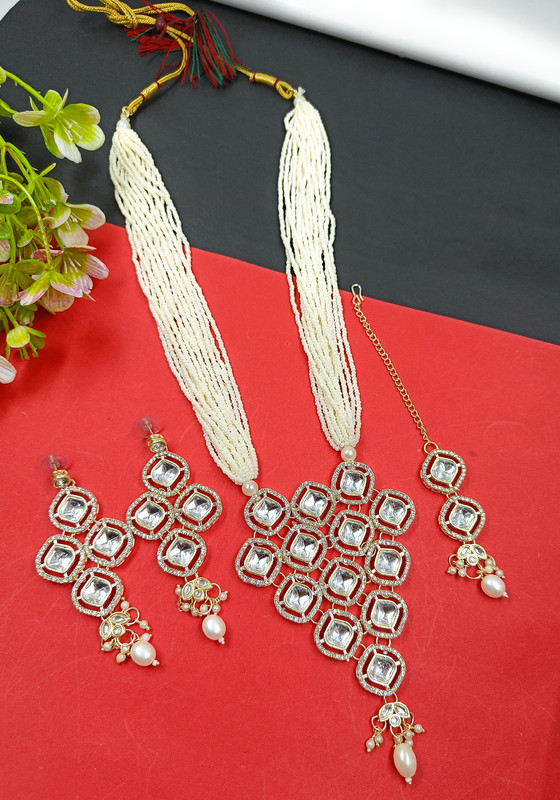 Ornate Cocktail V Neck Long Kundan Necklace & Earrings Jewellery Set For Women