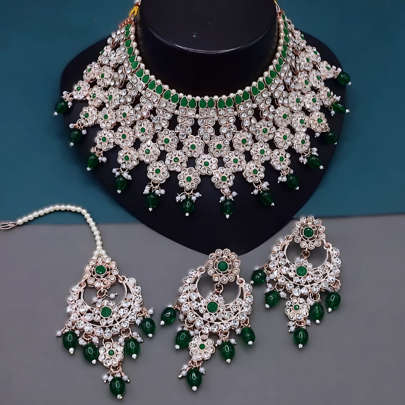 Chic Sangeet Green Kundan Jewellery Set Choker Necklace & Earrings For Women