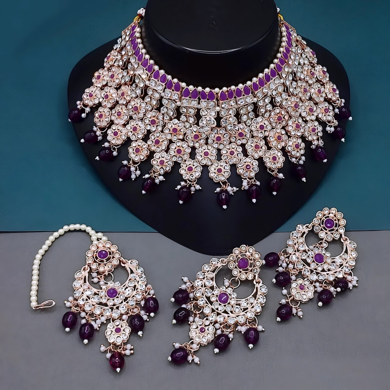 Desi Sangeet Purple Kundan Jewellery Set Choker Necklace & Earrings For Women