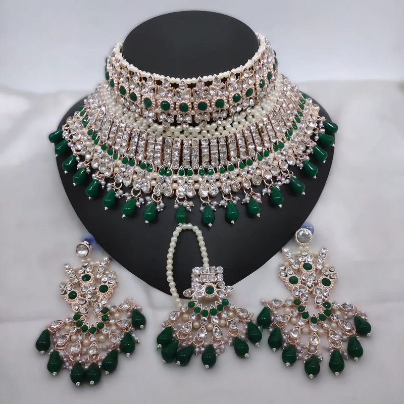 Classic Sangeet Green Kundan Jewellery Set Choker Necklace & Earrings For Women