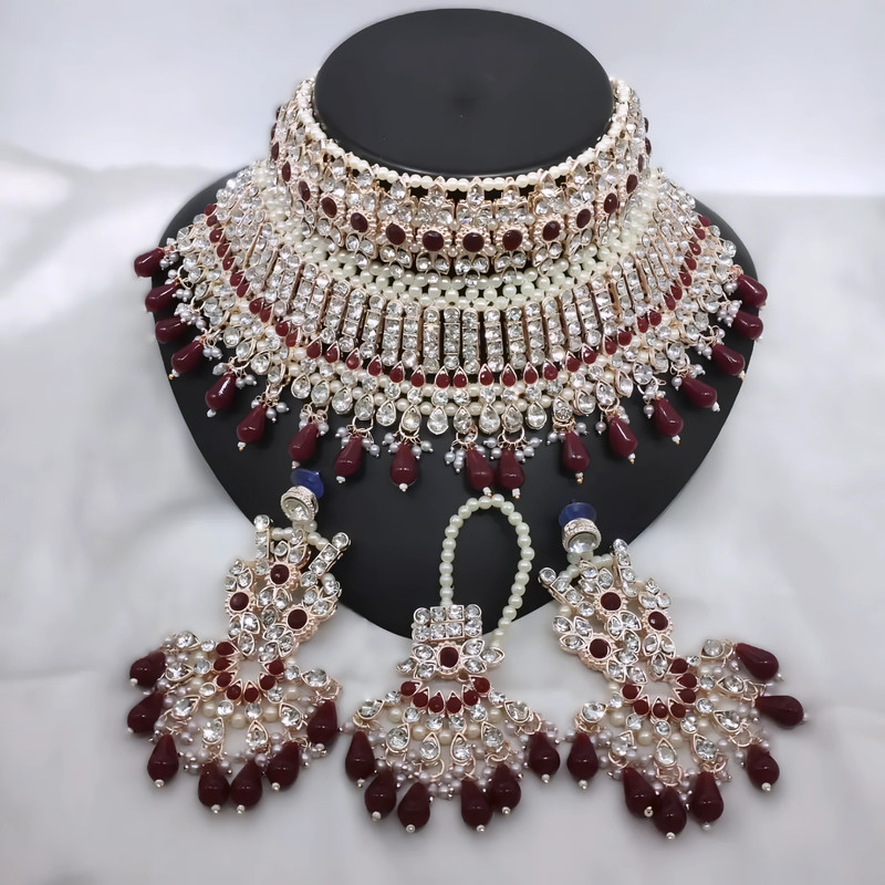Glamorous Sangeet Maroon Kundan Jewellery Set Choker Necklace & Earrings For Women