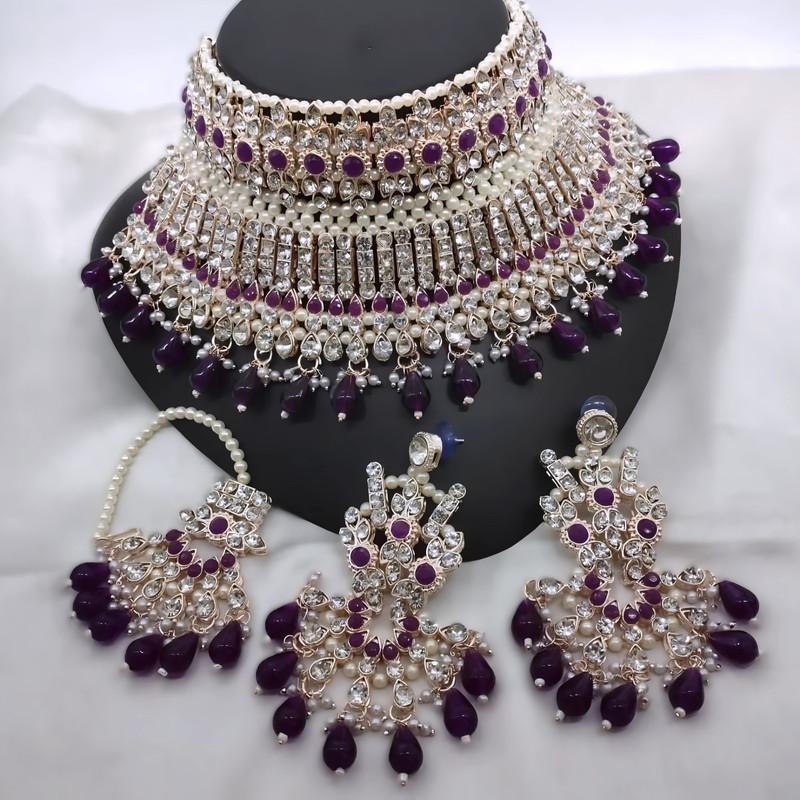 Vintage Sangeet Purple Kundan Jewellery Set Choker Necklace & Earrings For Women