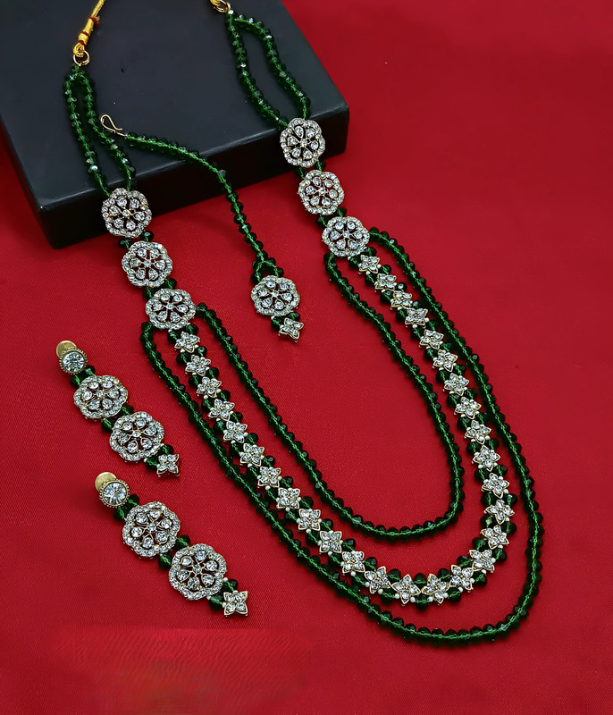 Trendy Sangeet Green Pearl Necklace Long Stone Jewellery Set For Women
