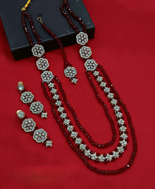 Shandaar Sangeet Maroon Pearl Necklace Long Stone Jewellery Set For Women