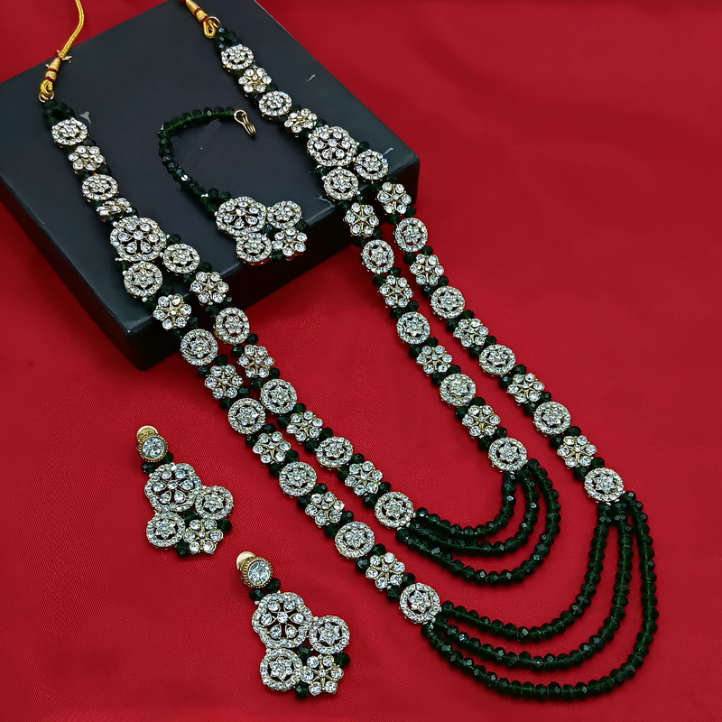 Gorgeous Sangeet Green Pearl Necklace Long Stone Jewellery Set For Women