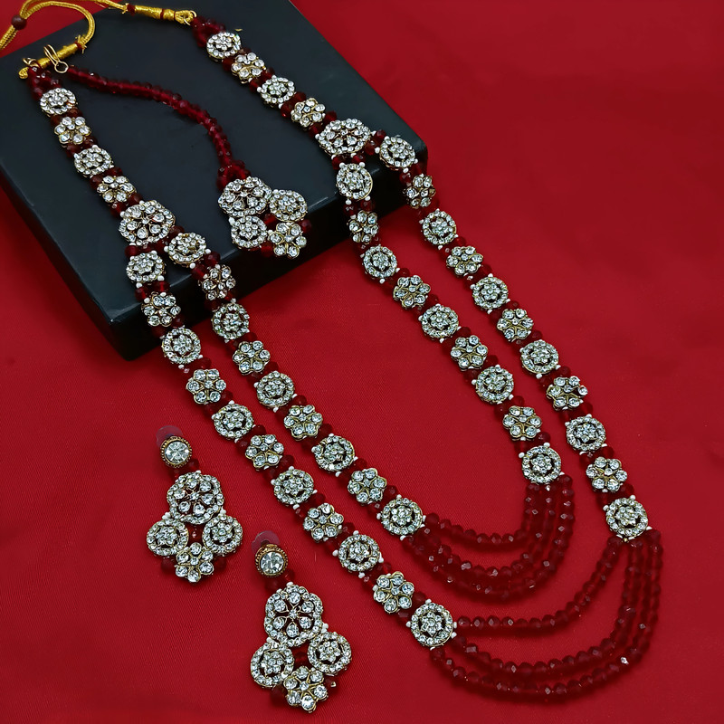 Beautiful Sangeet Maroon Pearl Moti Necklace Long Stone Jewellery Set For Women