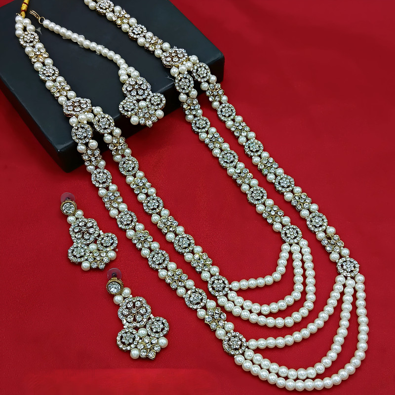 Stunning Sangeet White Pearl Moti Necklace Long Stone Jewellery Set For Women