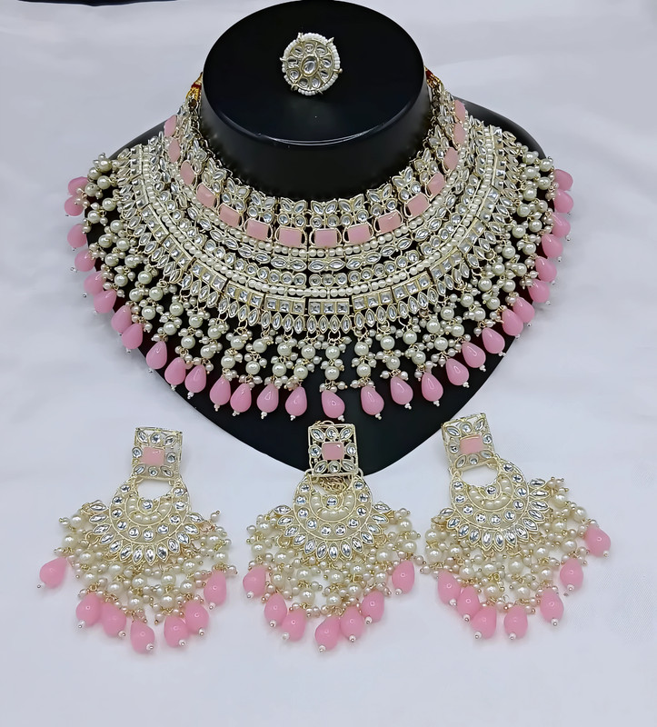 Premium Sangeet Baby Pink Choker Kundan Necklace & Earrings Jewellery Set For Women