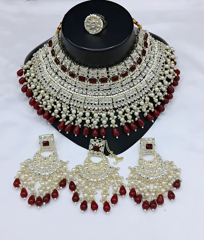Luxury Sangeet Maroon Choker Kundan Necklace & Earrings Jewellery Set For Women