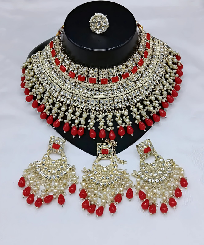 Authentic Sangeet Red Choker Kundan Necklace & Earrings Jewellery Set For Women